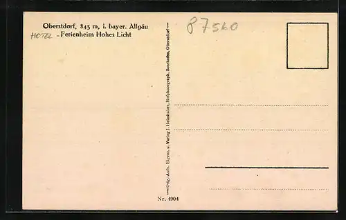 AK Oberstdorf, Hotel Ferienheim Hohes Licht gegen Gebirge