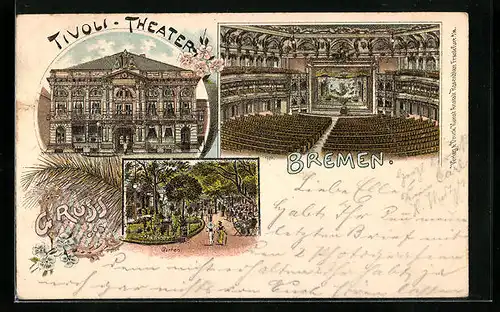 Lithographie Bremen, Tivoli-Theater, Saziergang im Garten