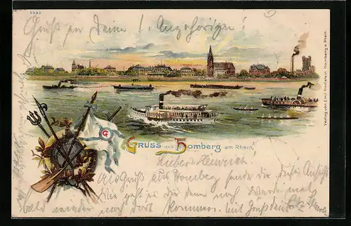 Lithographie Homberg am Rhein, Panorama vom Fluss aus, Dampfer
