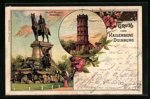 Lithographie Duisburg, Kaiserberg, Wasserturm, Kaiser-Wilhelm-Denkmal