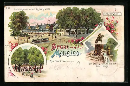 Lithographie Duisburg-Speldorf, Fernsprechanschluss Amt 173, Strassenbahn, Gasthaus Monning
