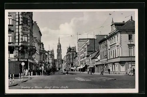 AK Krefeld am Rhein, Strasse mit Kirche