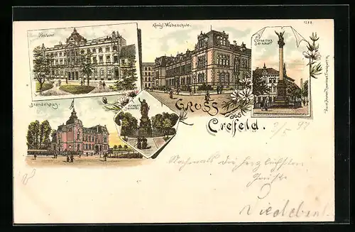 Lithographie Krefeld, Postamt, Königl. Webeschule, Cornelliusdenkmal, Ständehaus