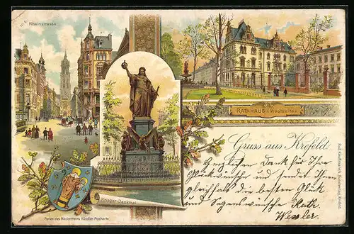 Lithographie Krefeld, Rheinstrasse, Rathaus, Krieger-Denkmal, Wappen