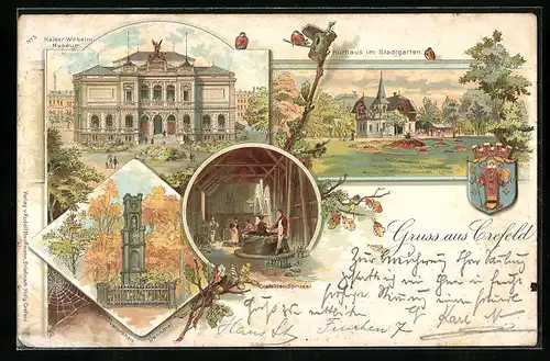 Lithographie Krefeld, Kurhaus im Stadtgarten, Kaiser-Wilhelm-Museum, Veteranendenkmal, Wappen