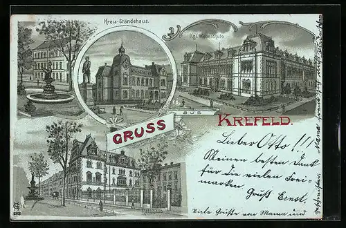 Mondschein-Lithographie Krefeld, Kgl. Webeschule, Rathaus, Kreis-Ständehaus