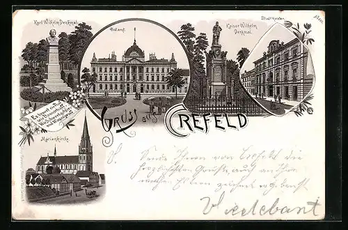 Lithographie Krefeld, Karl-Wilhelm-Denkmal, Postamt, Stadttheater, Marienkirche