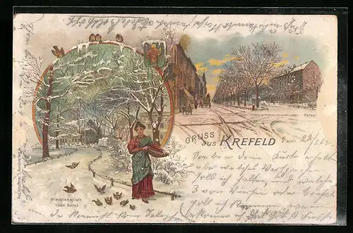 Winter-Lithographie Krefeld, Friedrichsplatz, Verschneite Strassenpartie