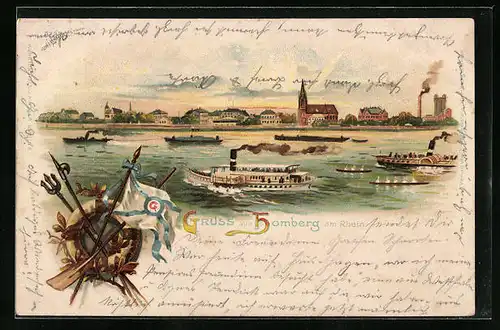 Lithographie Homberg am Rhein, Panorama vom Fluss aus, Dampfer