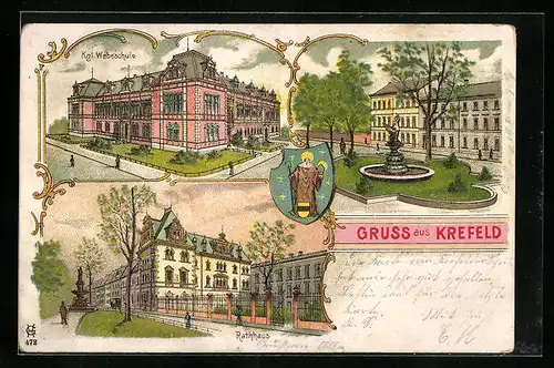 Lithographie Krefeld, Kgl. Webeschule, Rathaus, Brunnen