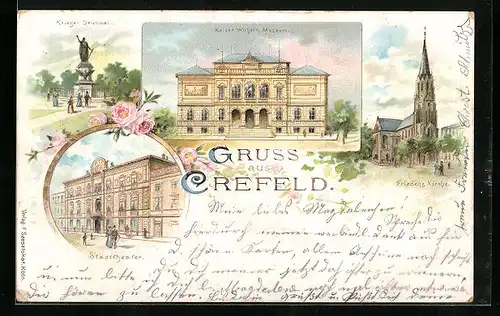 Lithographie Krefeld, Kriegerdenkmal, Kaiser-Wilhelm-Museum, Friedenskirche, Stadttheater