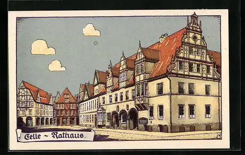 Steindruck-AK Celle, Blick auf das Rathaus