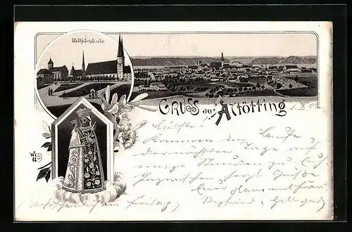 Lithographie Altötting, Wallfahrtskirche, Gnadenmutter, Panorama