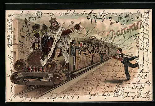 Lithographie Dortmund, Biertrinkende Passagiere im Zug