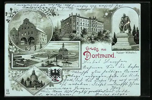 Lithographie Dortmund, Altes Rathaus, Oberbergamt, Steinersthurm