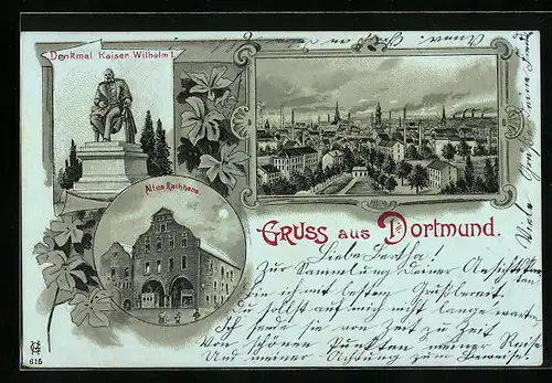 Lithographie Dortmund, Altes Rathaus, Denkmal Kaiser Wilhelm, Panorama