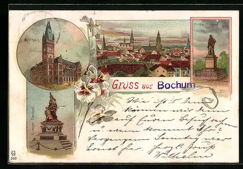 Lithographie Bochum, Rathaus, Krieger-Denkmal, Krupp-Denkmal