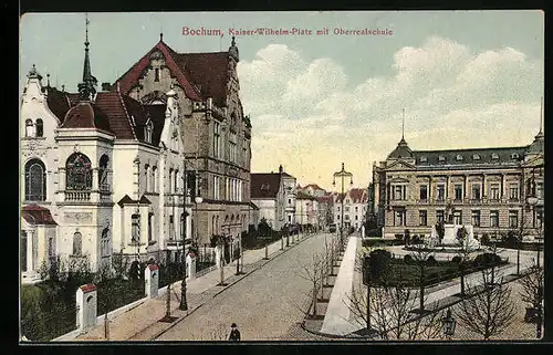 AK Bochum, Kaiser-Wilhelm-Platz mit Oberrealschule