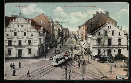 AK Dortmund, Strassenbahn auf der Rheinischen Strasse Ecke Körnerplatz