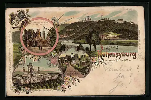 Lithographie Westhofen a. d. Ruhr, Ruine Hohensyburg und Vinkerthurm, Panorama, Kaiser-Wilh.-Denkmal