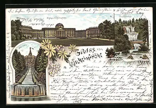 Lithographie Wilhelmshöhe, Cascaden, Teufelsbrücke, Schloss