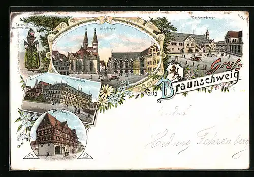 Lithographie Braunschweig, Alte Waage, Dankwarderode, Finanzgebäude