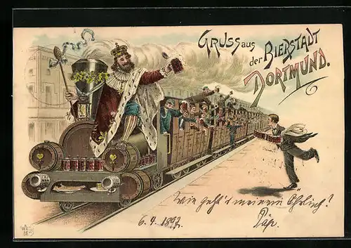 Lithographie Dortmund, König auf der Eisenbahn mit Bierkrug in der Hand