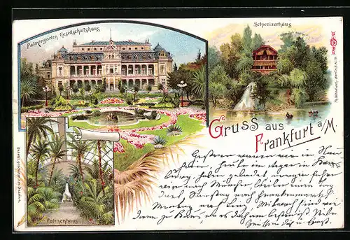 Lithographie Frankfurt-Westend, Palmengarten Gesellschaftshaus, Gasthaus Schweizerhaus, Palmenhaus