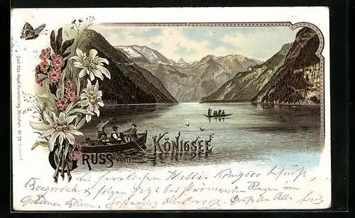 Lithographie Königsee, Männer mit Ruderboot auf dem See