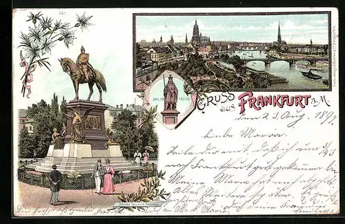 Lithographie Frankfurt a. M., Kaiser Wilhelm Denkmal, Karl d. Grosse, Totalansicht