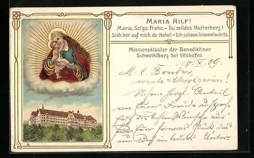 Lithographie Vilshofen, Kloster Schweiklberg Missionskloster d. Benediktiner, Maria Hilf