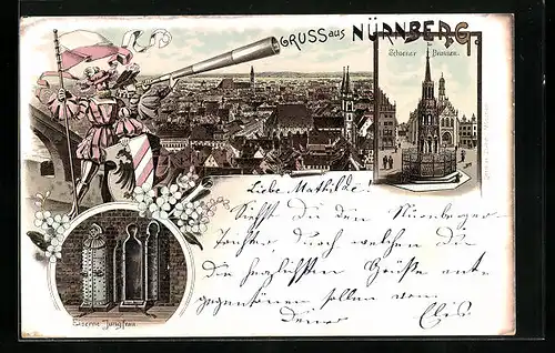 Lithographie Nürnberg, Schoener Brunnen, Eiserne Jungfrau, Totalansicht