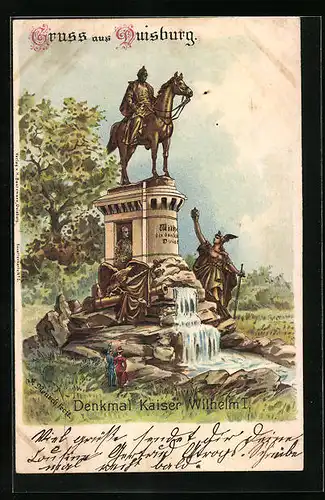 Lithographie Duisburg, Denkmal Kaiser Wilhelm I.