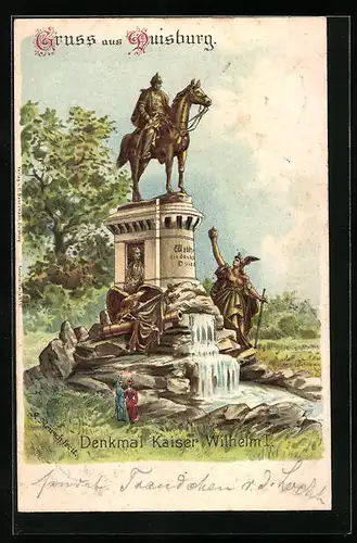 Lithographie Duisburg, Denkmal von Kaiser Wilhelm I.