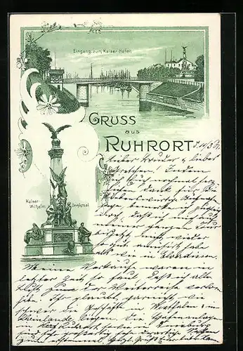 Lithographie Ruhrort, Eingan zum Kasier Hafen, Kaiser Wilhelm Denkmal