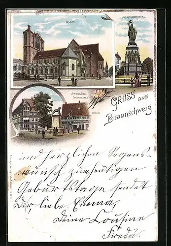 Lithographie Braunschweig, Dom, Löwensäule am Burgplatz