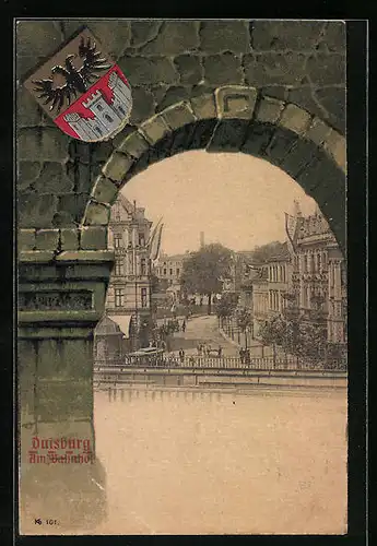 Passepartout-AK Duisburg, am Bahnhof, Stadtwappen