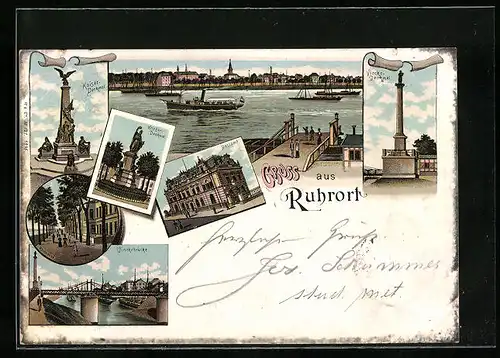 Lithographie Ruhrort, Rheinallee, Vinckebrücke, Postamt, Denkmäler