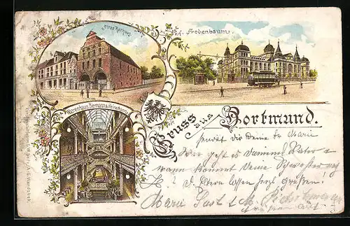 Lithographie Dortmund, Altes Rathaus, Warenhaus Biermann & Heinemann, Fredenbaum