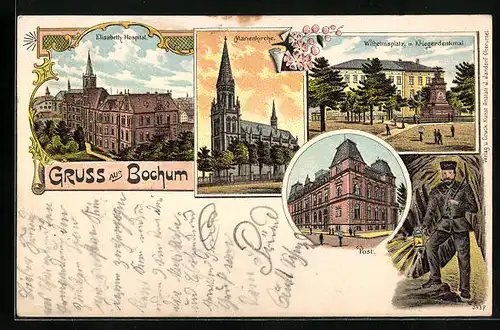 Lithographie Bochum, Elisabet-Hospital, Marienkirche, Kumpel untertage