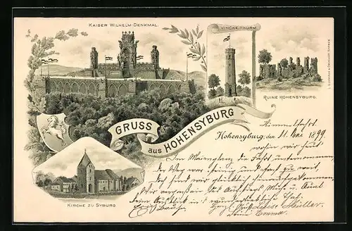 Lithographie Hohensyburg, Kaiser-Wilhelm-Denkmal, Vincke-Thurm, Kirche zu Syburg