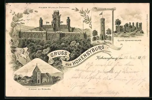 Lithographie Hohensyburg, Vincke-Turm, Ruine Hohensyburg