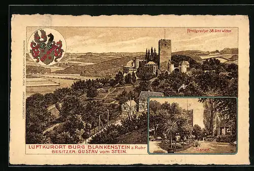 Lithographie Blankenstein /Ruhr, Gasthaus Burg, Garten, Gesamtansicht mit Wappen