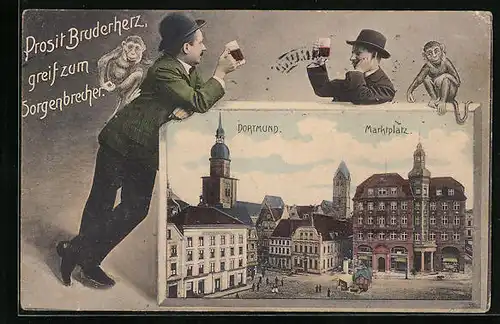AK Dortmund, Marktplatz, Männer prosten sich mit Bier zu, Affen
