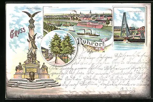 Lithographie Ruhrort, Schwimmkrahn, Kaiser Denkmal, Flusspartie