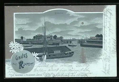 Mondschein-Lithographie Ruhrort, Krimbrücke und Hafengebäude scheinen silber im Mondlicht