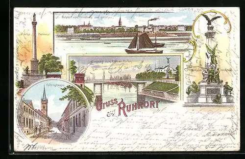 Lithographie Ruhrort, Kaiser-Denkmal, Fabrikstrasse, Finke-Denkmal
