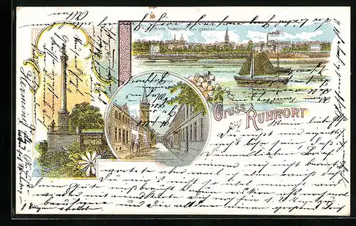 Lithographie Ruhrort, Finke-Denkmal, Fabrikstrasse, Ortsansicht von Homberg aus