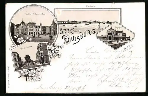 Lithographie Duisburg, Rheinbrücke, Bahnhof, Königsstrasse