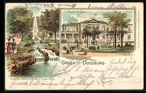 Lithographie Duisburg, Felspartie und Wasserfall auf dem Kaiserberg, Städt. Tonhalle